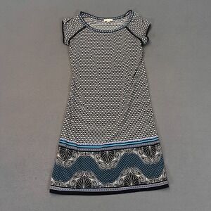 Max Studio Womens XS Black Blue White Geometric Cap Sleeve Shift Tunic Dress